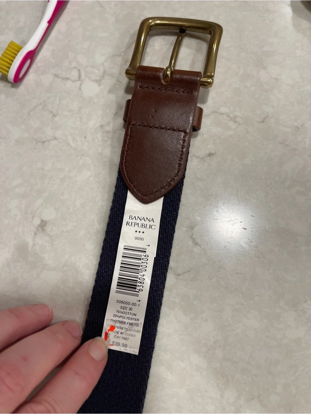 Banana Republic Navy and Burgundy Web Stripe Belt with Brown Leather Accents